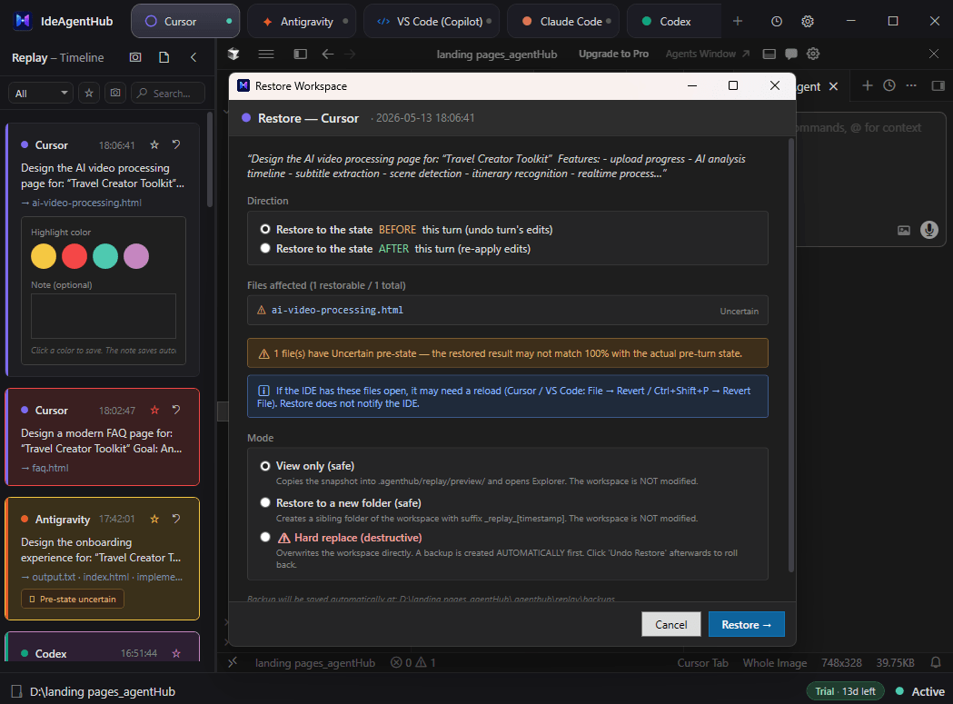 IDEAgentHub turn-level restore: side-by-side pre/post diff of every file the AI turn touched, with a single-click Restore button to revert the codebase to that moment.
