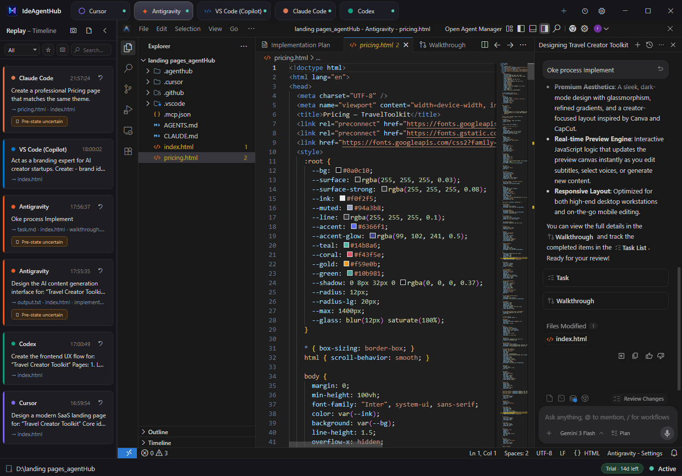 IDEAgentHub: five AI IDEs (Cursor, Antigravity, VS Code (Copilot), Claude Code, Codex) in one tabbed Windows app, with a unified timeline of every AI turn and the active IDE editing code natively.